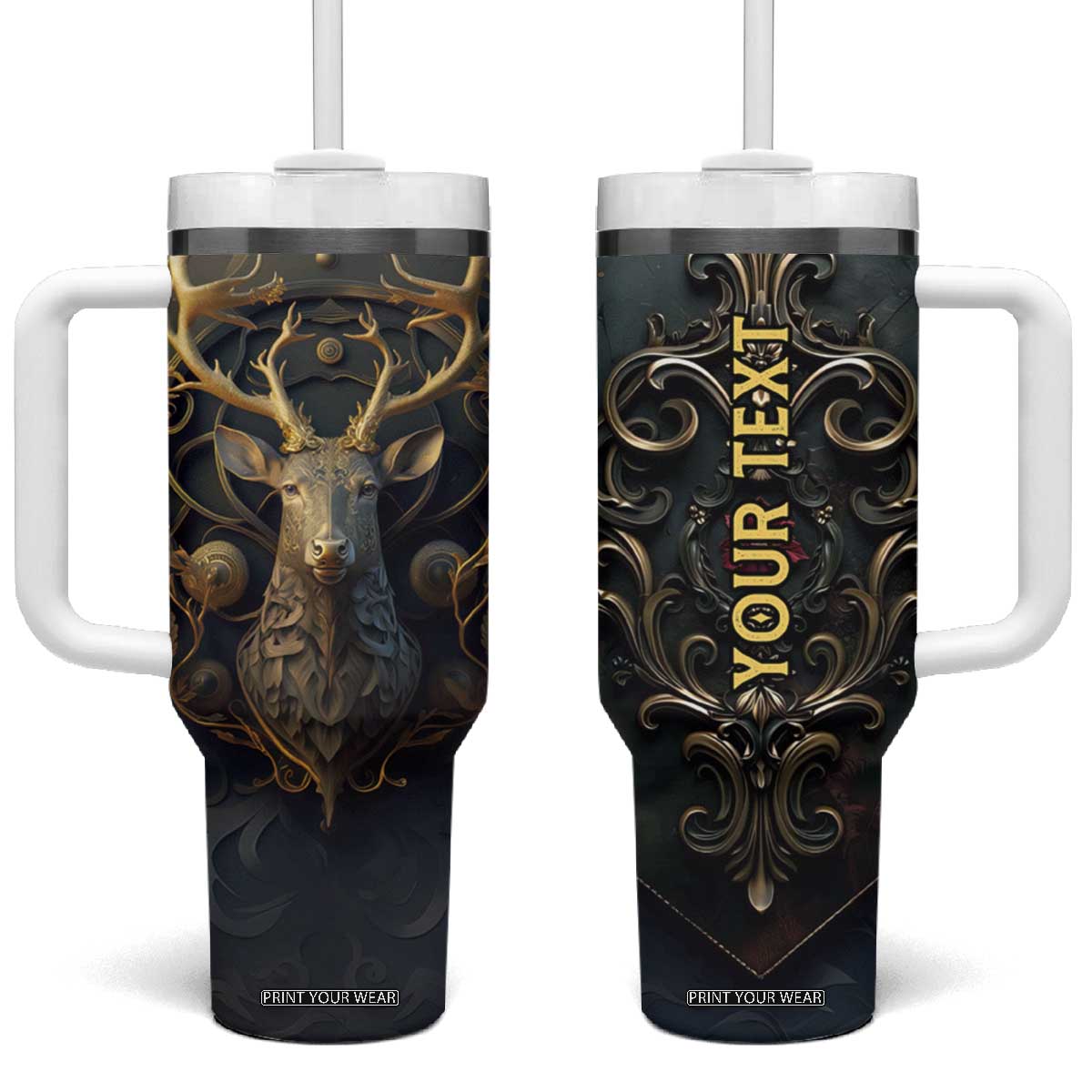 Viking Celtic Deer Golden Style Tumbler With Handle Personalized TS04 One Size: 40 oz Multicolor Print Your Wear