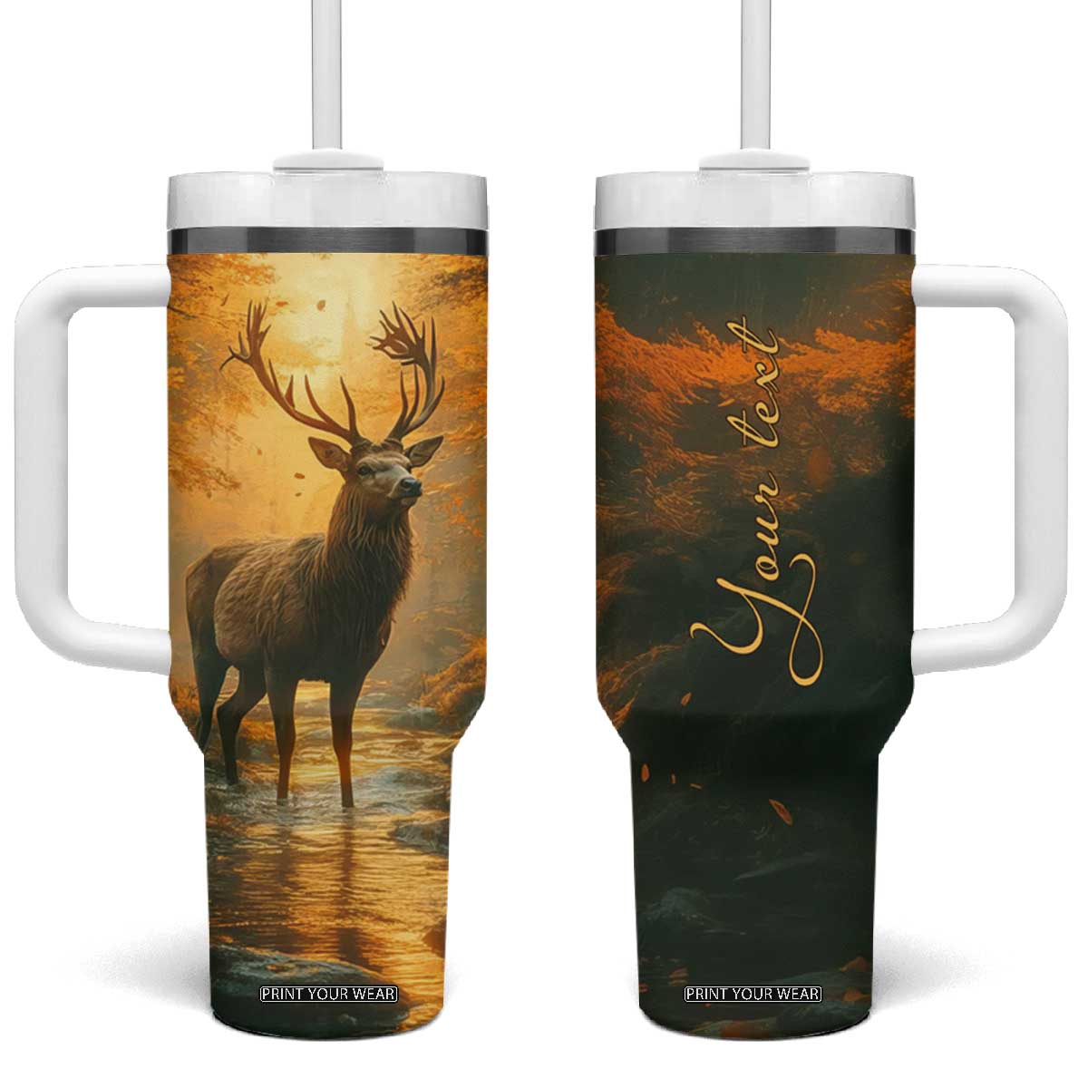 Deer In Autumn Forest Tumbler With Handle Personalized TS04 One Size: 40 oz Multicolor Print Your Wear