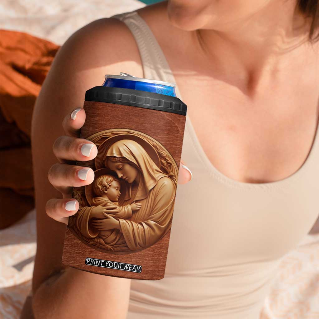 Maria Holding Jesus Wooden Carving 4 in 1 Can Cooler Tumbler Personalized TS04 Print Your Wear