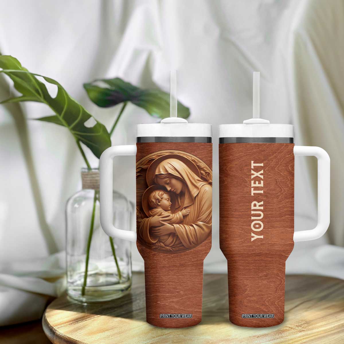 Maria Holding Jesus Wooden Carving Tumbler With Handle Personalized TS04 Print Your Wear