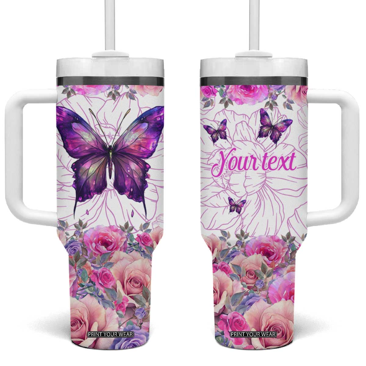 Butterfly Flowers Tumbler With Handle Personalized TS04 One Size: 40 oz Multicolor Print Your Wear
