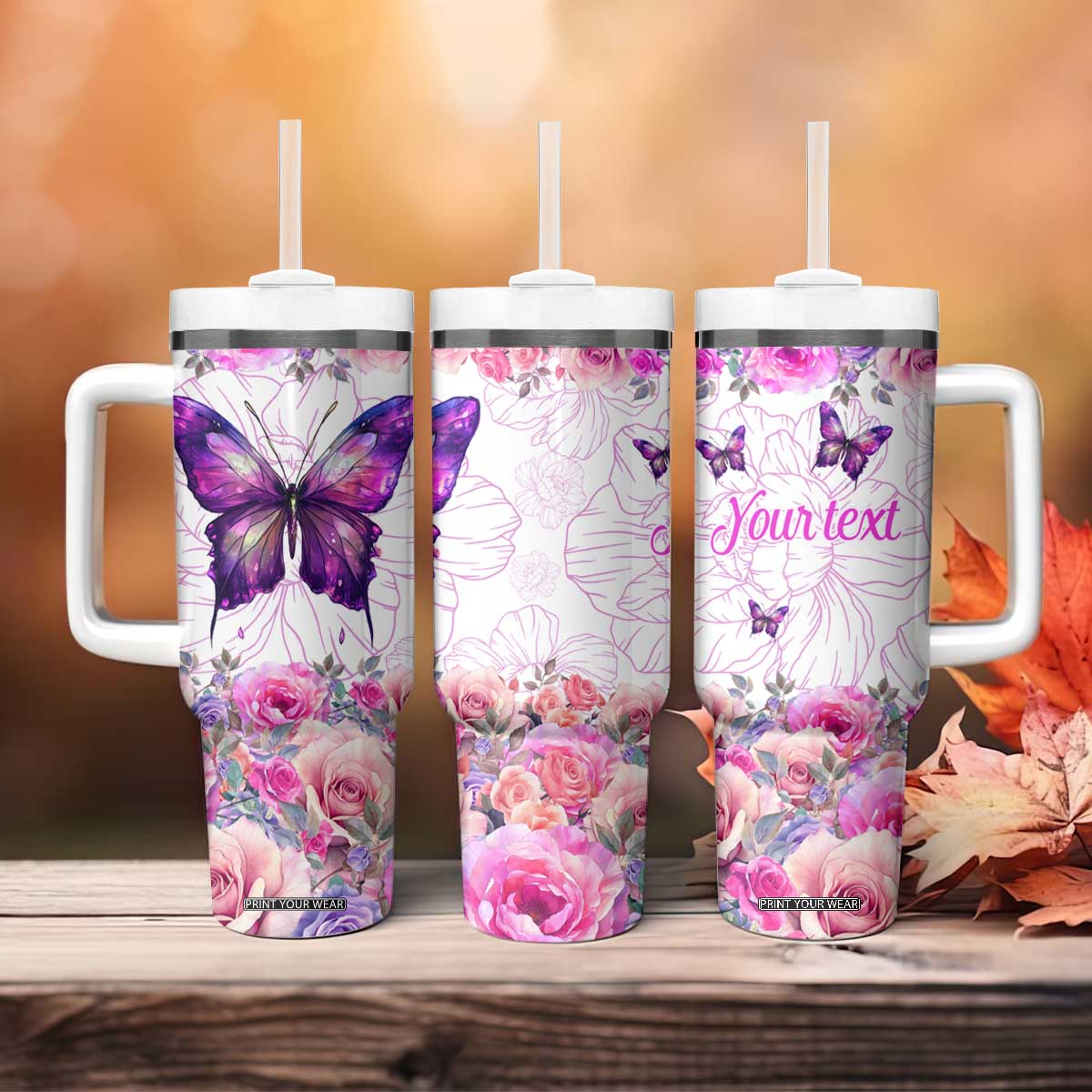 Butterfly Flowers Tumbler With Handle Personalized TS04 Print Your Wear
