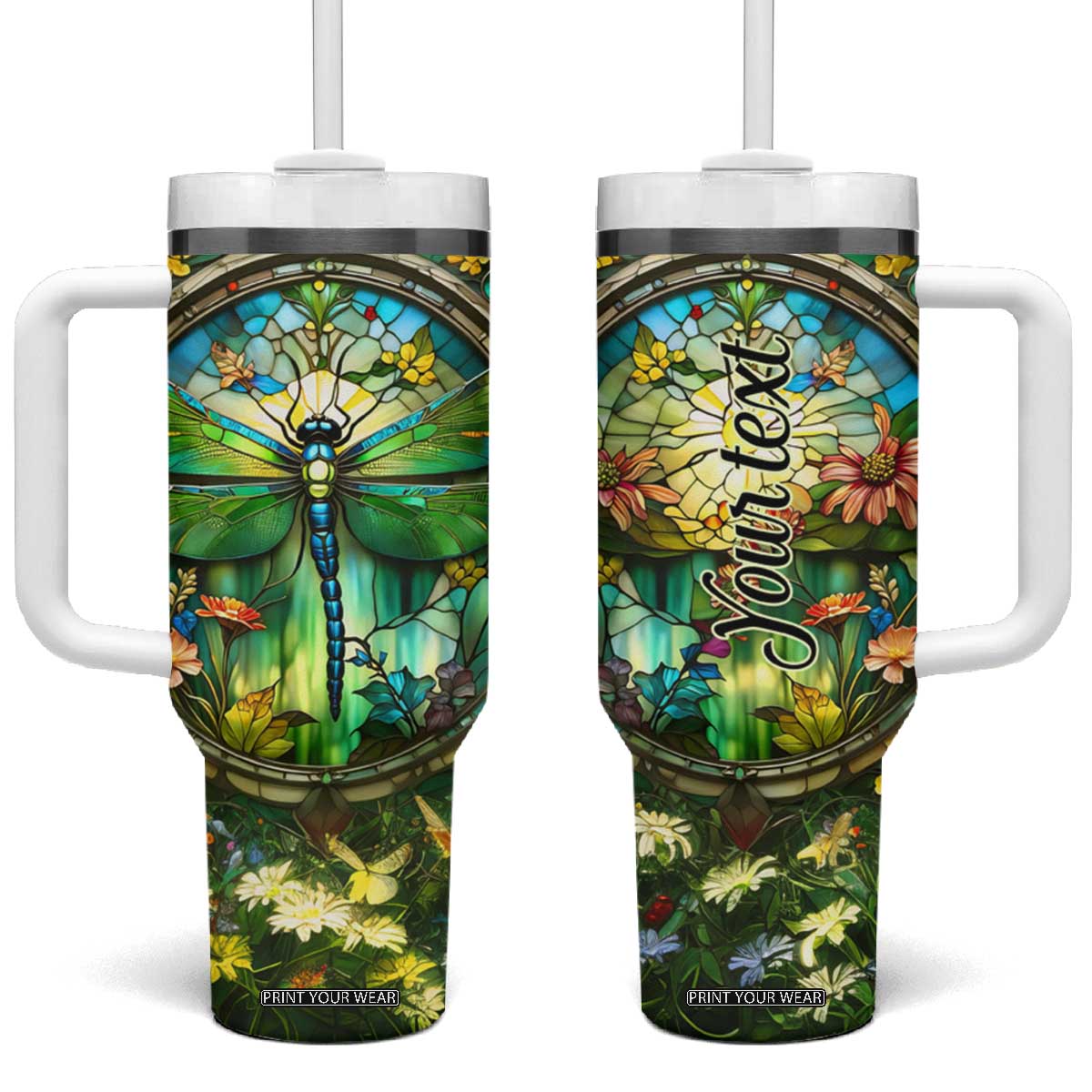 Dragonfly Peridot Crystal Mosaic Tumbler With Handle Personalized TS04 One Size: 40 oz Multicolor Print Your Wear