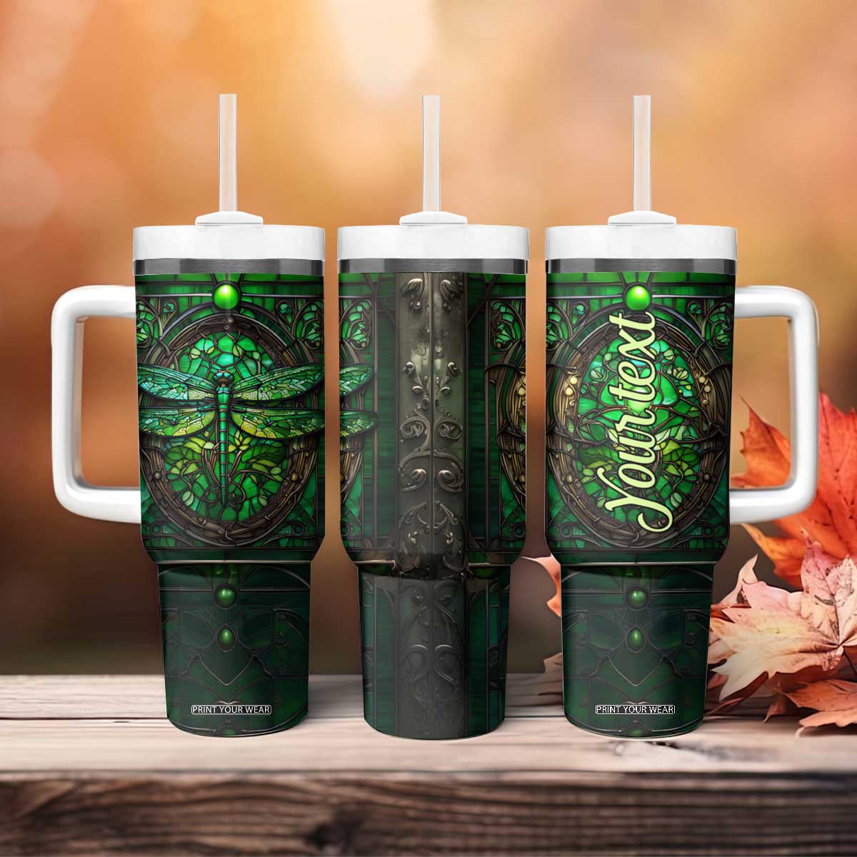 Dragonfly Emerald Crystal Mosaic Tumbler With Handle Personalized TS04 Print Your Wear