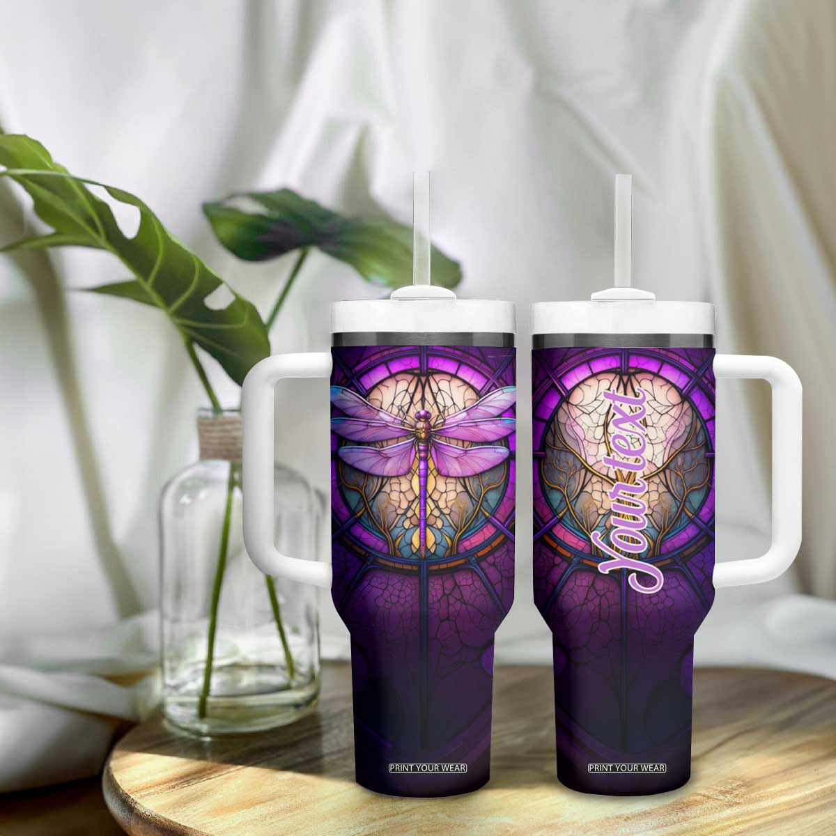Dragonfly Colorful Glass Stained Tumbler With Handle Personalized TS04 Print Your Wear