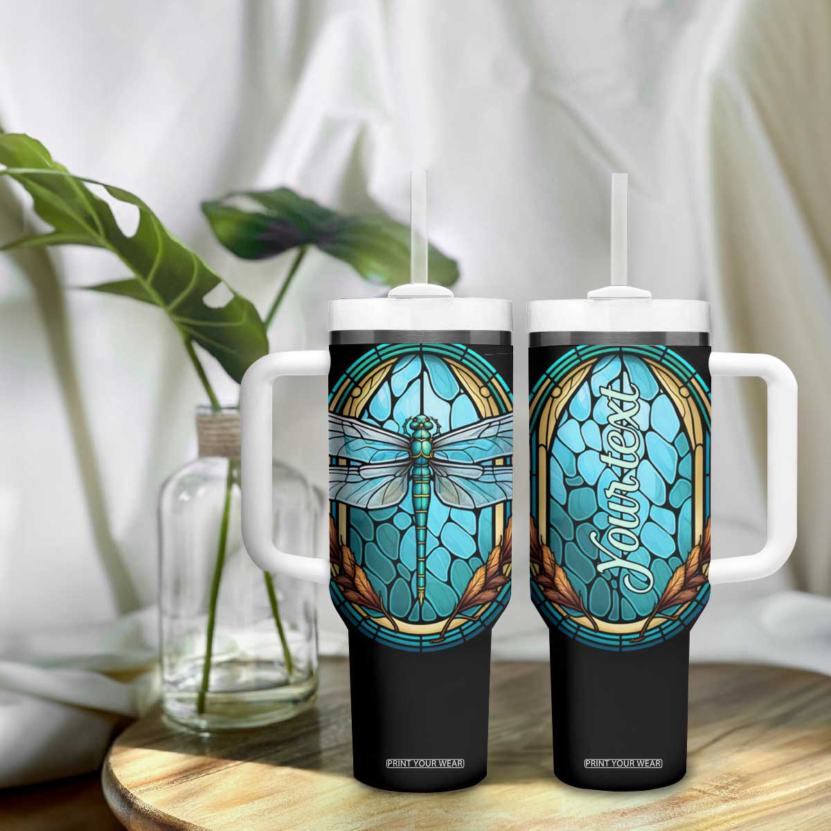 Dragonfly Aquamarine Crystal Mosaic Tumbler With Handle Personalized TS04 Print Your Wear