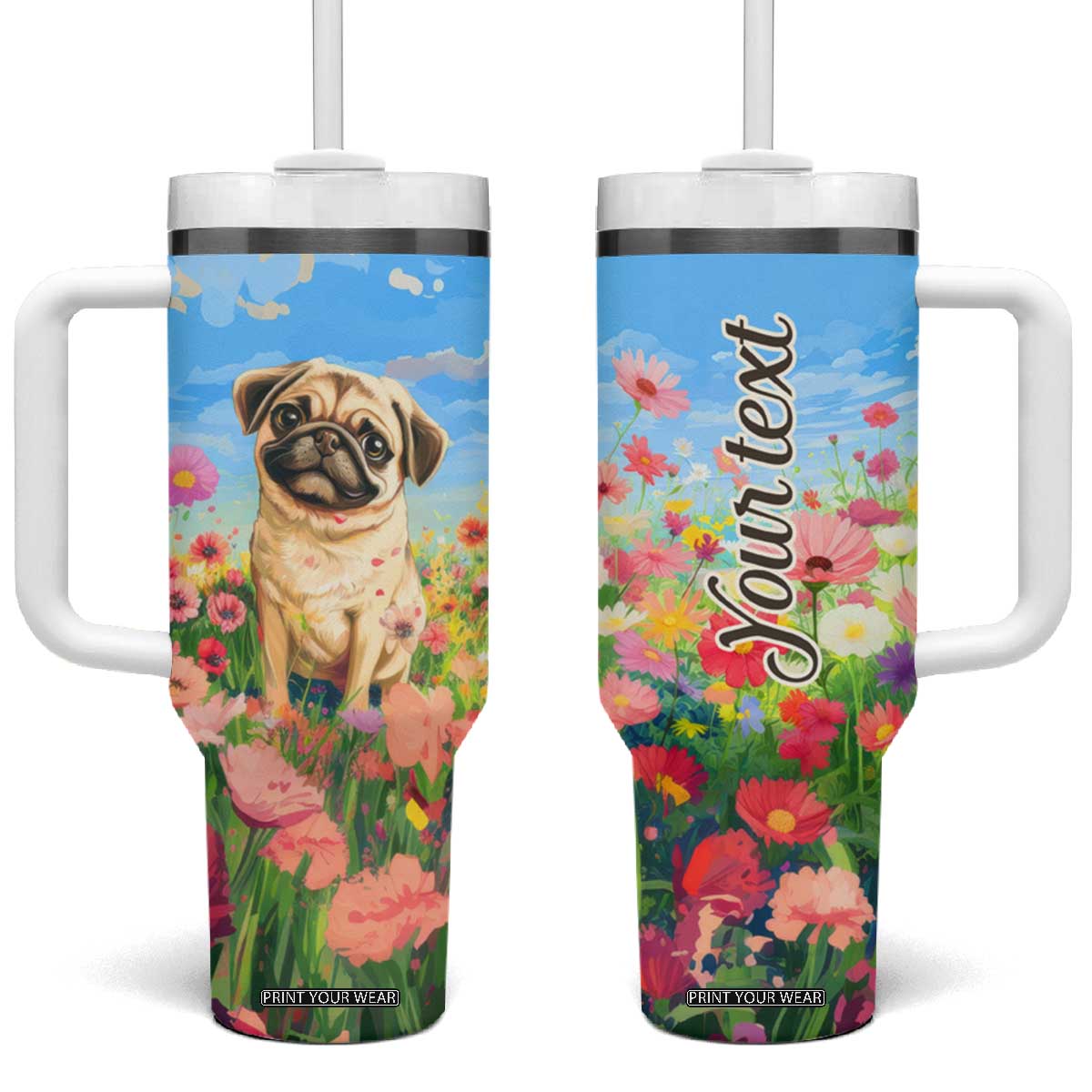Retro Pug Tumbler With Handle Personalized TS04 One Size: 40 oz Multicolor Print Your Wear