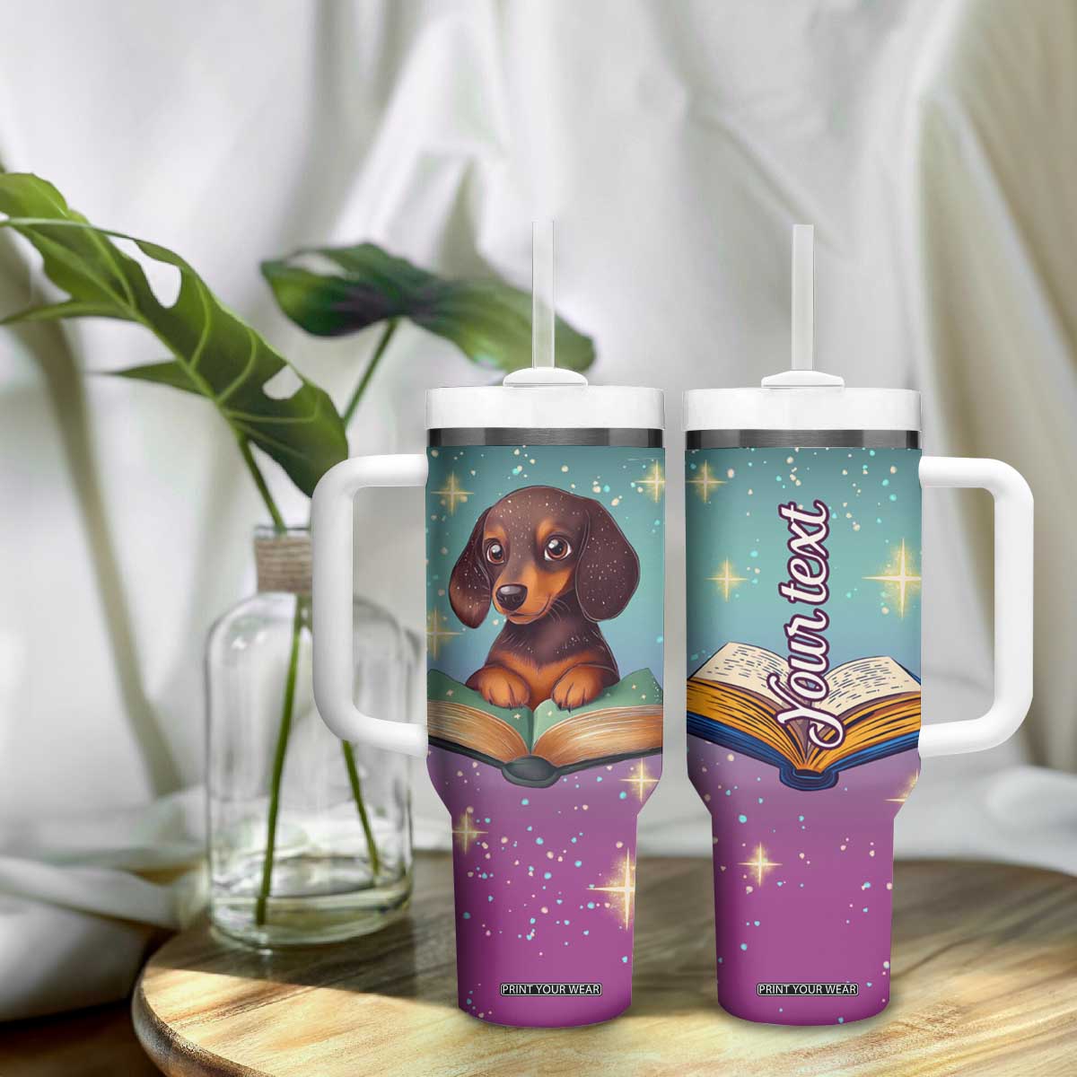 Cute Dachshund Reading Books Tumbler With Handle Personalized TS04 Print Your Wear