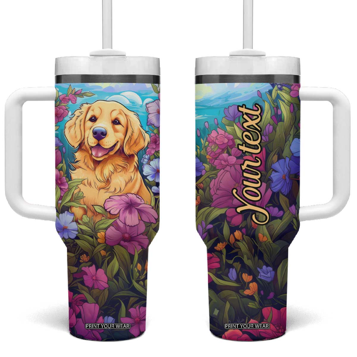 Retro Golden Retriever Tumbler With Handle Personalized TS04 One Size: 40 oz Multicolor Print Your Wear