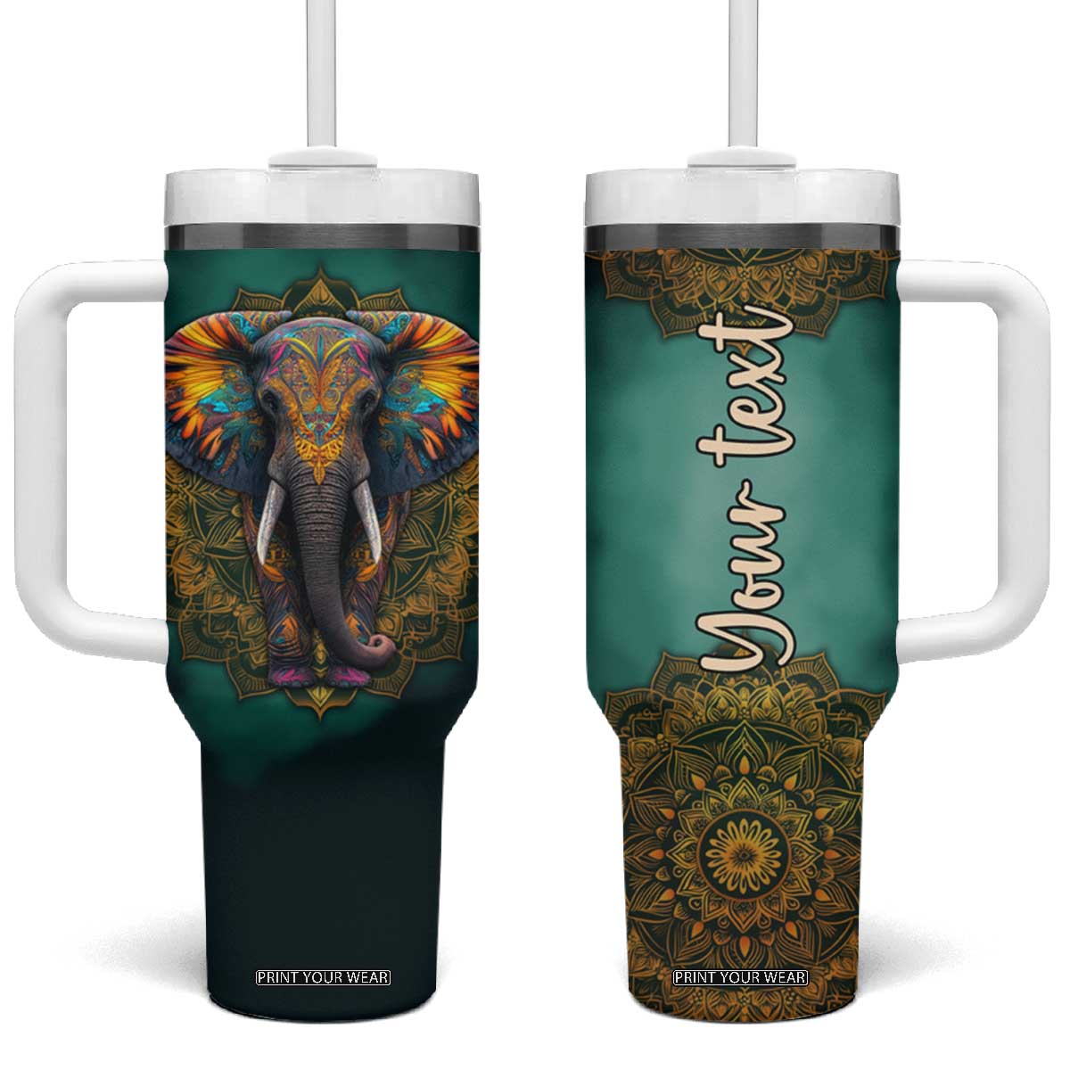Mandala Tribal Elephant Tumbler With Handle Personalized TS04 One Size: 40 oz Multicolor Print Your Wear