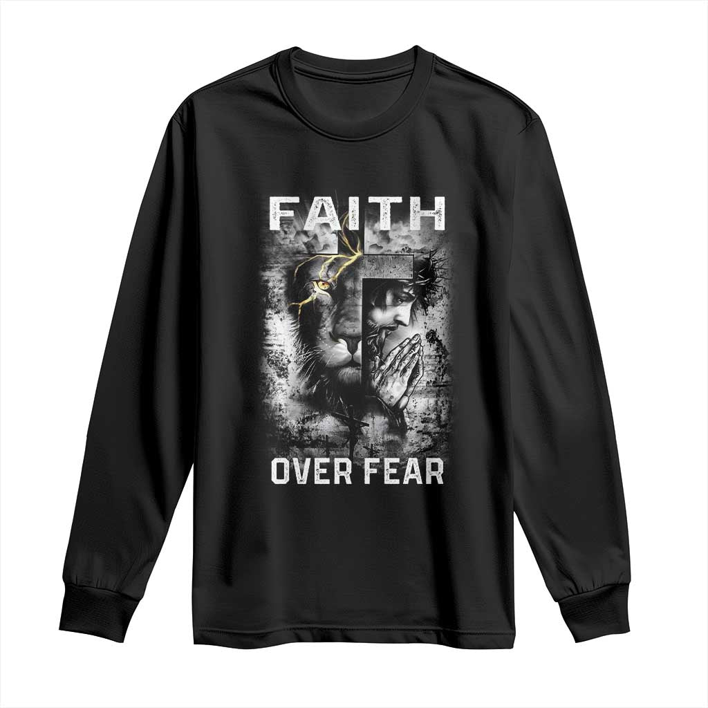 Christian Long Sleeve Shirt Faith Over Fear Jesus Lion TS09 Black Print Your Wear