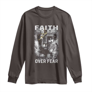 Christian Long Sleeve Shirt Faith Over Fear Jesus Lion TS09 Dark Chocolate Print Your Wear