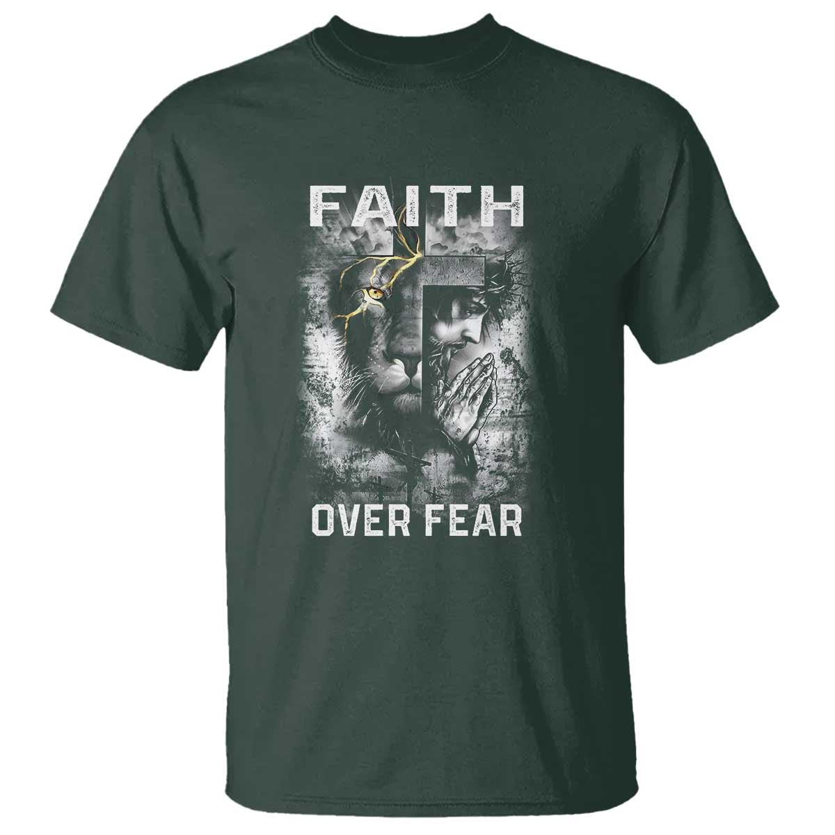Christian T Shirt Faith Over Fear Jesus Lion TS09 Dark Forest Green Print Your Wear