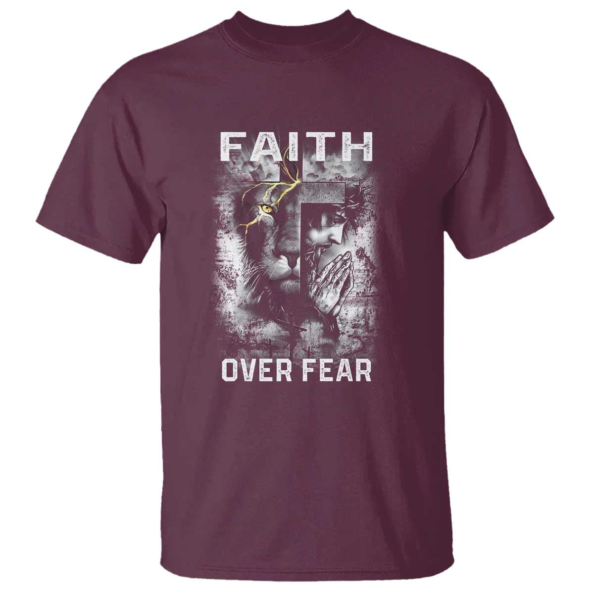 Christian T Shirt Faith Over Fear Jesus Lion TS09 Maroon Print Your Wear