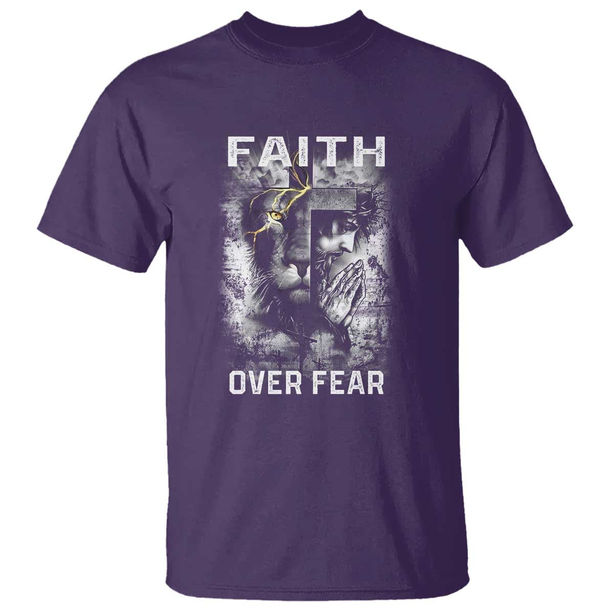 Christian T Shirt Faith Over Fear Jesus Lion TS09 Purple Print Your Wear
