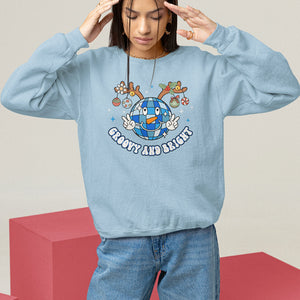 Groovy And Bright Merry Christmas Disco Ball Reindeer Sweatshirt TS09 Light Blue Printyourwear