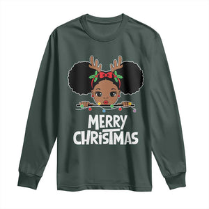 African American Christmas Long Sleeve Shirt Merry Christmas Cute Black Girl Kids TS09 Dark Forest Green Print Your Wear