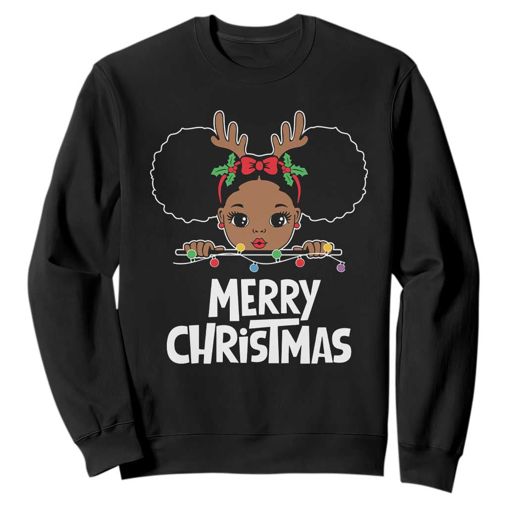 African American Xmas Sweatshirt Cute Black Girl Kids Merry Christmas TS09 Black Printyourwear