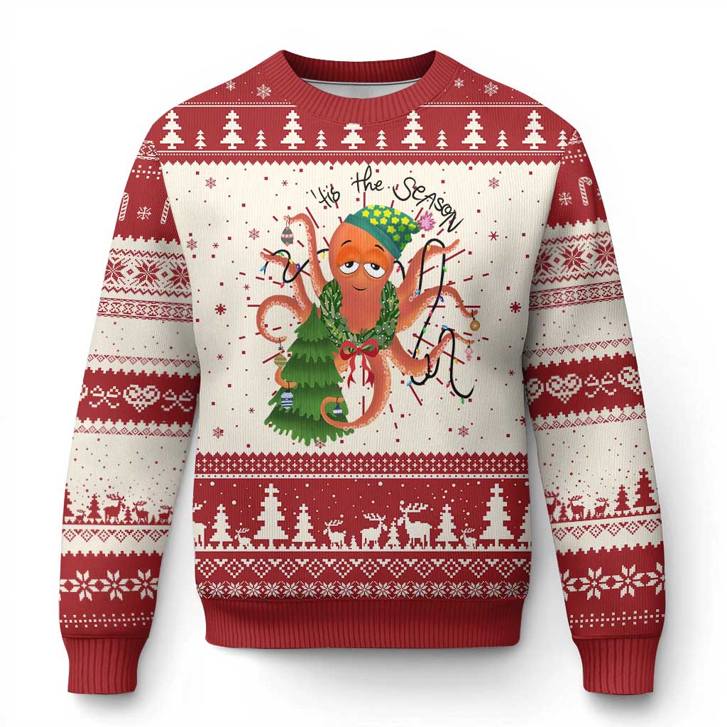 Funny Christmas Tree Octopus Tis The Season Ugly Christmas Sweater TS09 Red Print Your Wear