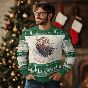 Meowy Christmas Cute Cat Sleigh Ugly Christmas Sweater TS09 Green Print Your Wear