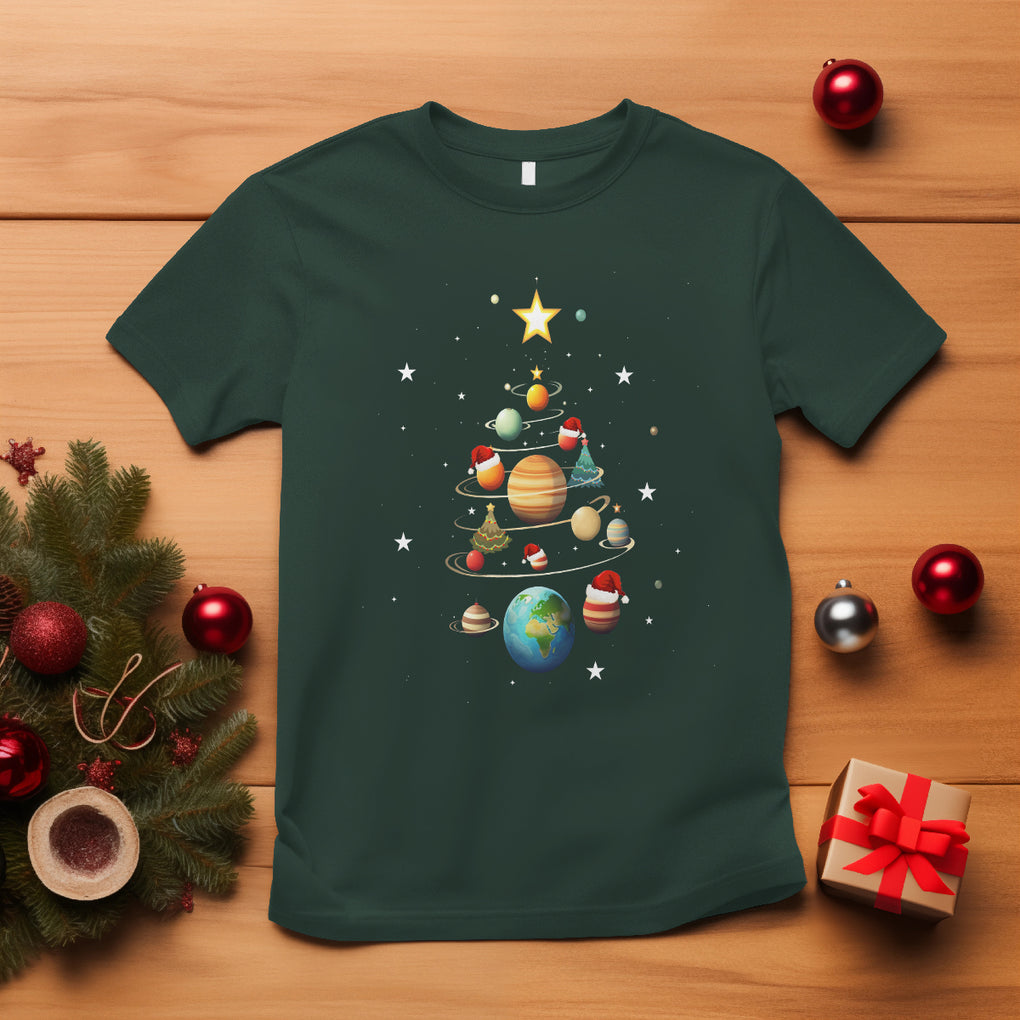 Funny Solar System Space Planets Tree Christmas T Shirt TS09 Dark Forest Green Printyourwear
