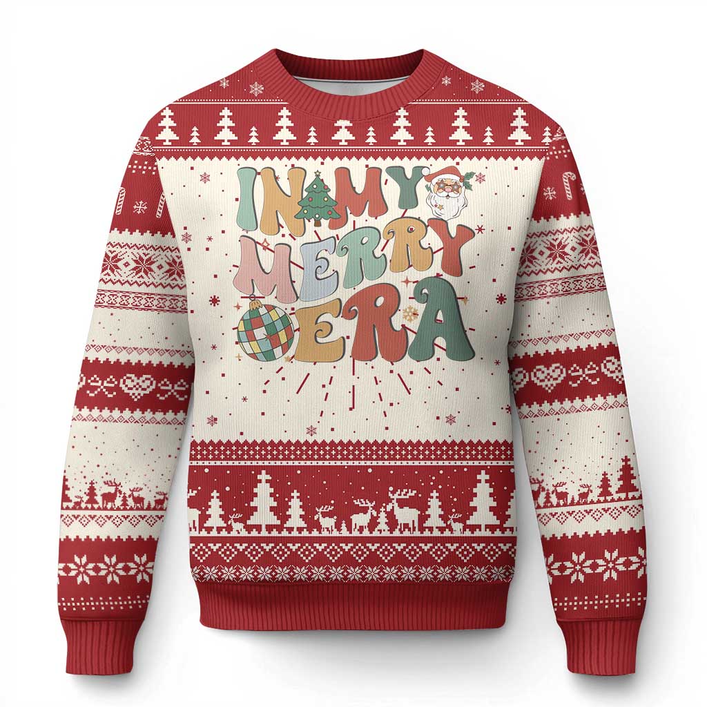 Retro Groovy Xmas Ugly Christmas Sweater In My Merry Era Santa Disco Ball TS09 Red Print Your Wear