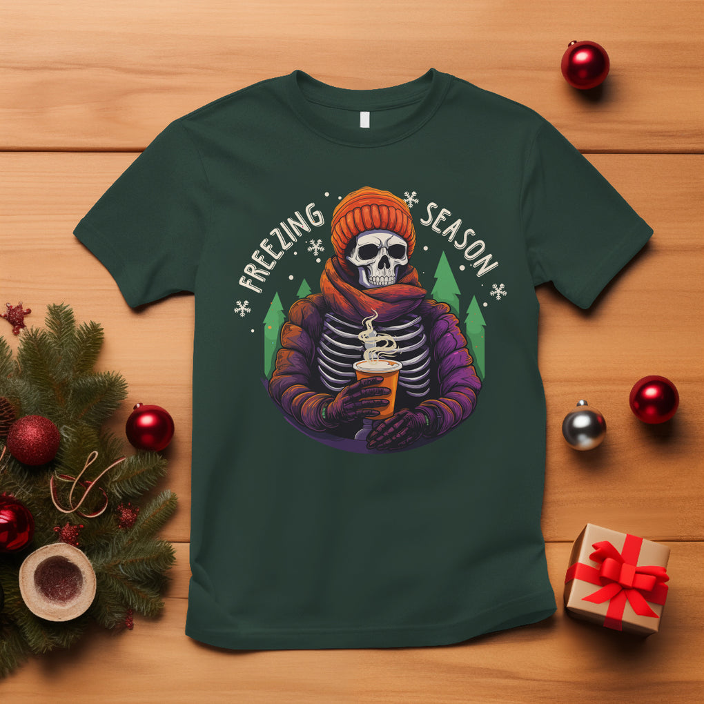 Freezing Season Christmas Skeleton Chillin' Hot Cocoa T Shirt TS09 Dark Forest Green Printyourwear