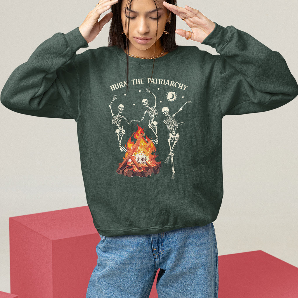 Funny Feminist Sweatshirt Burn The Patriarchy Skeleton Dancing TS09 Dark Forest Green Printyourwear