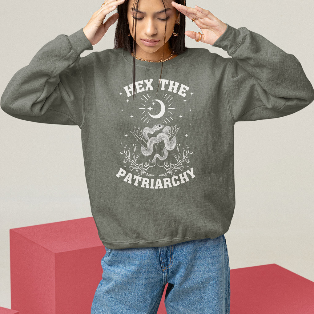 Feminist Witch Sweatshirt Hex The Patriarchy Celestial Moon Snake TS09 Military Green Printyourwear