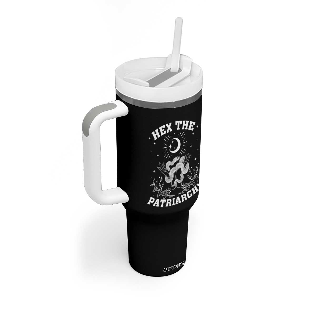 Feminist Witch Tumbler With Handle Hex The Patriarchy Celestial Moon Snake TS09 Print Your Wear