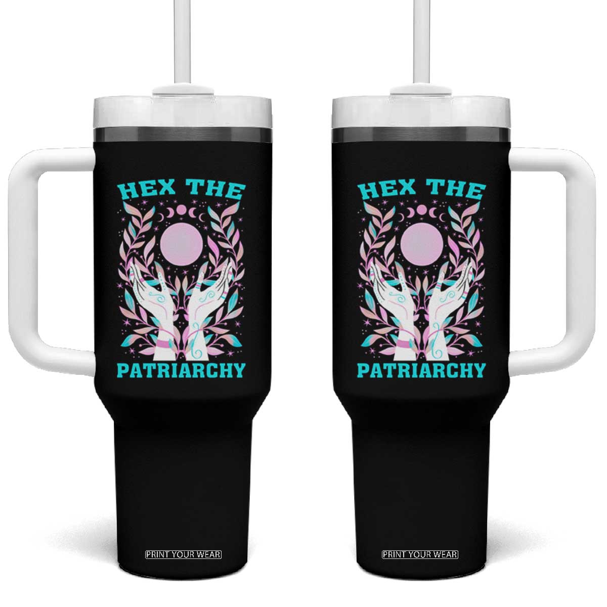 Feminist Witch Tumbler With Handle Hex The Patriarchy Celestial Moon TS09 One Size: 40 oz Black Print Your Wear
