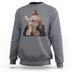 Jesus Hugs Cats Funny Christian Cat Lover Sweatshirt TS09 Charcoal Printyourwear