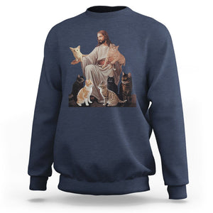 Jesus Hugs Cats Funny Christian Cat Lover Sweatshirt TS09 Navy Printyourwear