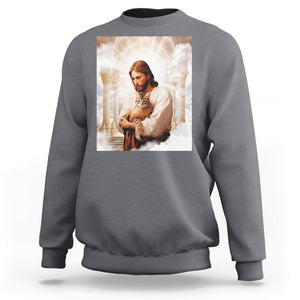 Jesus Hugs Cats Paradise Funny Christian Cat Lover Sweatshirt TS09 Charcoal Printyourwear