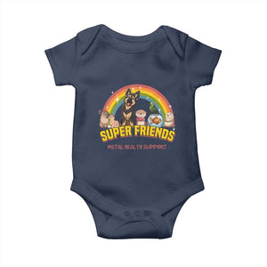 Mental Health Support Baby Onesie Super Friends Cute Animals Dog Cat Capybara Otter TS09 Navy Print Your Wear