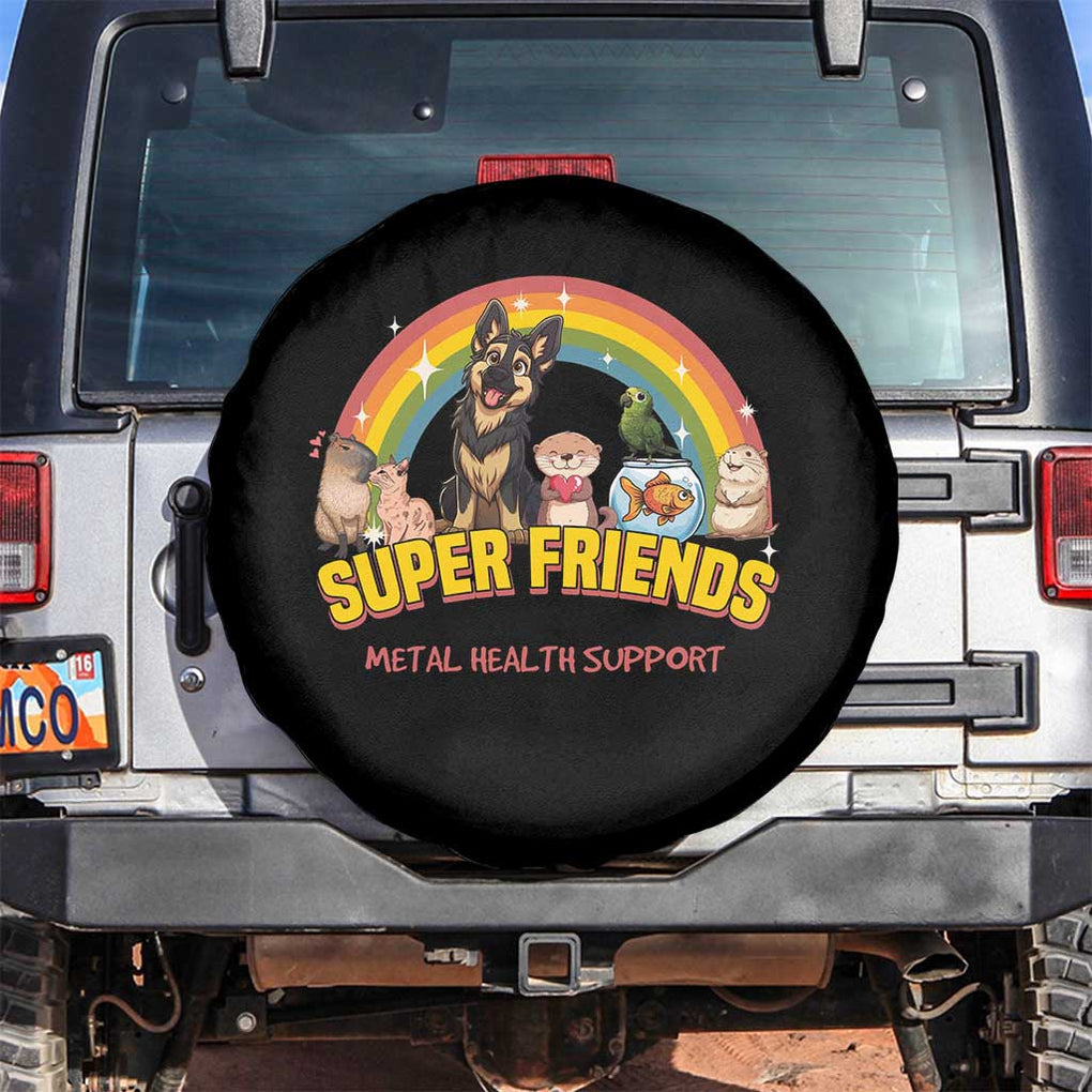 Mental Health Support Spare Tire Cover Super Friends Cute Animals Dog Cat Capybara Otter TS09 No hole Black Print Your Wear