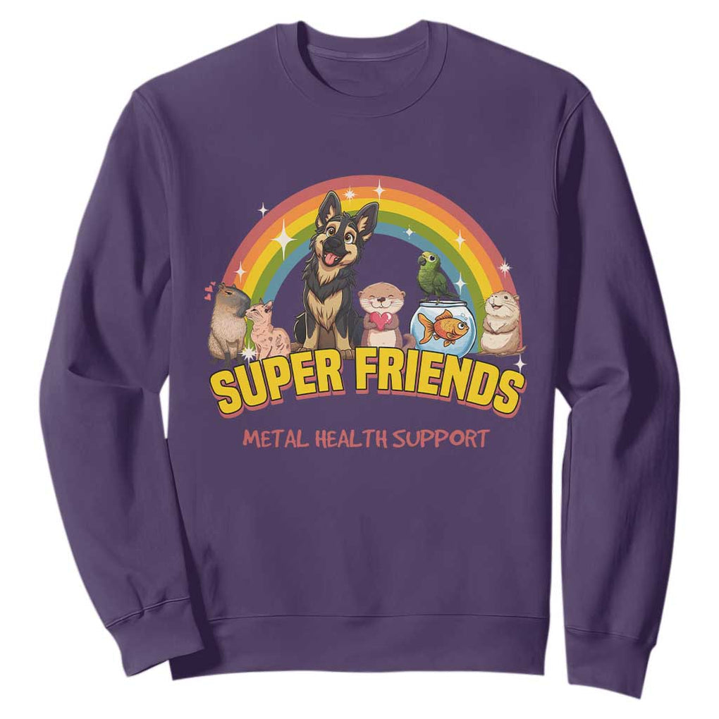 Mental Health Support Sweatshirt Super Friends Cute Animals Dog Cat Capybara Otter TS09 Purple Print Your Wear