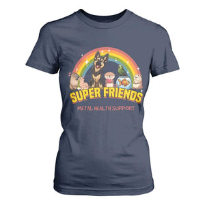 Mental Health Support T Shirt For Women Super Friends Cute Animals Dog Cat Capybara Otter TS09 Navy Print Your Wear