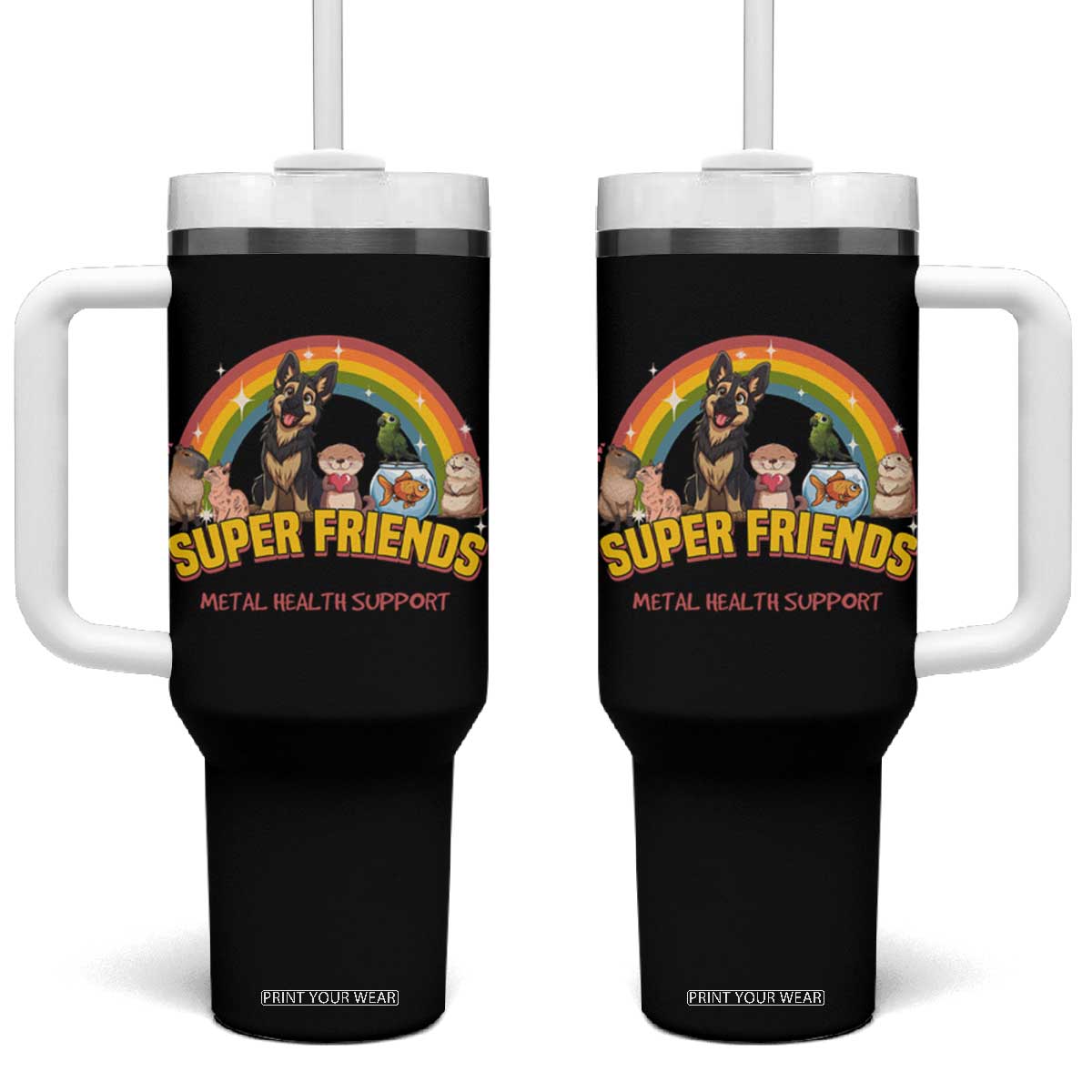 Mental Health Support Tumbler With Handle Super Friends Cute Animals Dog Cat Capybara Otter TS09 One Size: 40 oz Black Print Your Wear