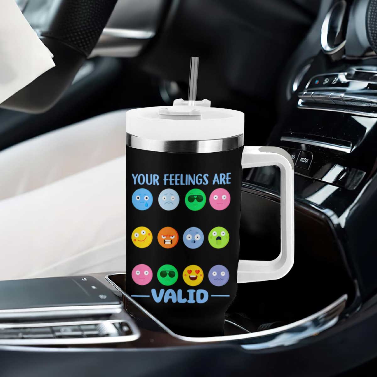 Mental Health Tumbler With Handle Your Feelings Are Valid Emotion Faces TS09 Print Your Wear