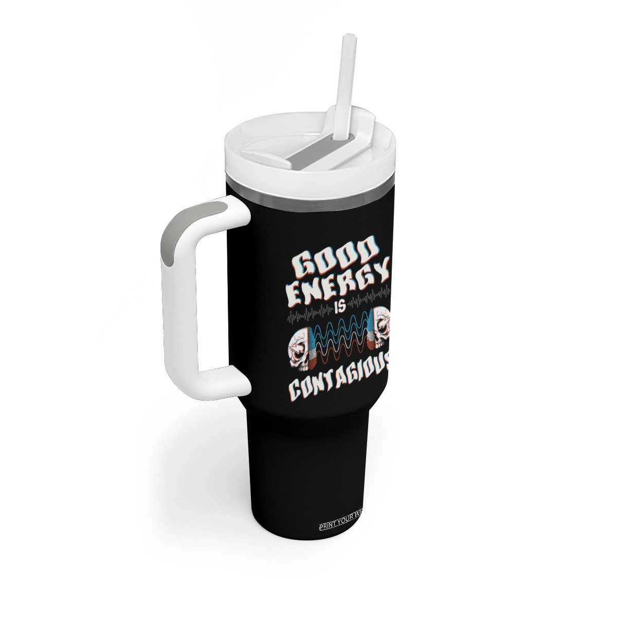 Mental Health Tumbler With Handle Good Energy Is Contagious Skull TS09 Print Your Wear