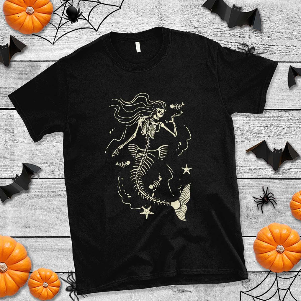 Halloween Mermaid T Shirt Mermaid Skeleton Spooky Season In Ocean TS09 Black Print Your Wear