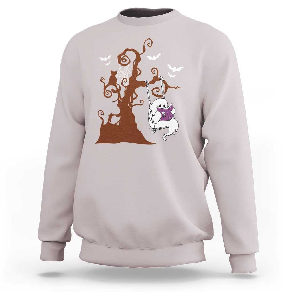 Halloween Bookaholic Sweatshirt Cute Ghost Swing Reading Book TS09 Ice Gray Print Your Wear