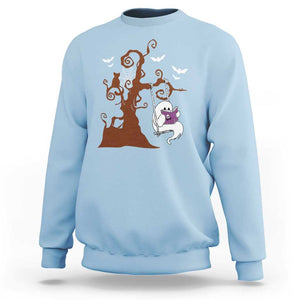 Halloween Bookaholic Sweatshirt Cute Ghost Swing Reading Book TS09 Light Blue Print Your Wear