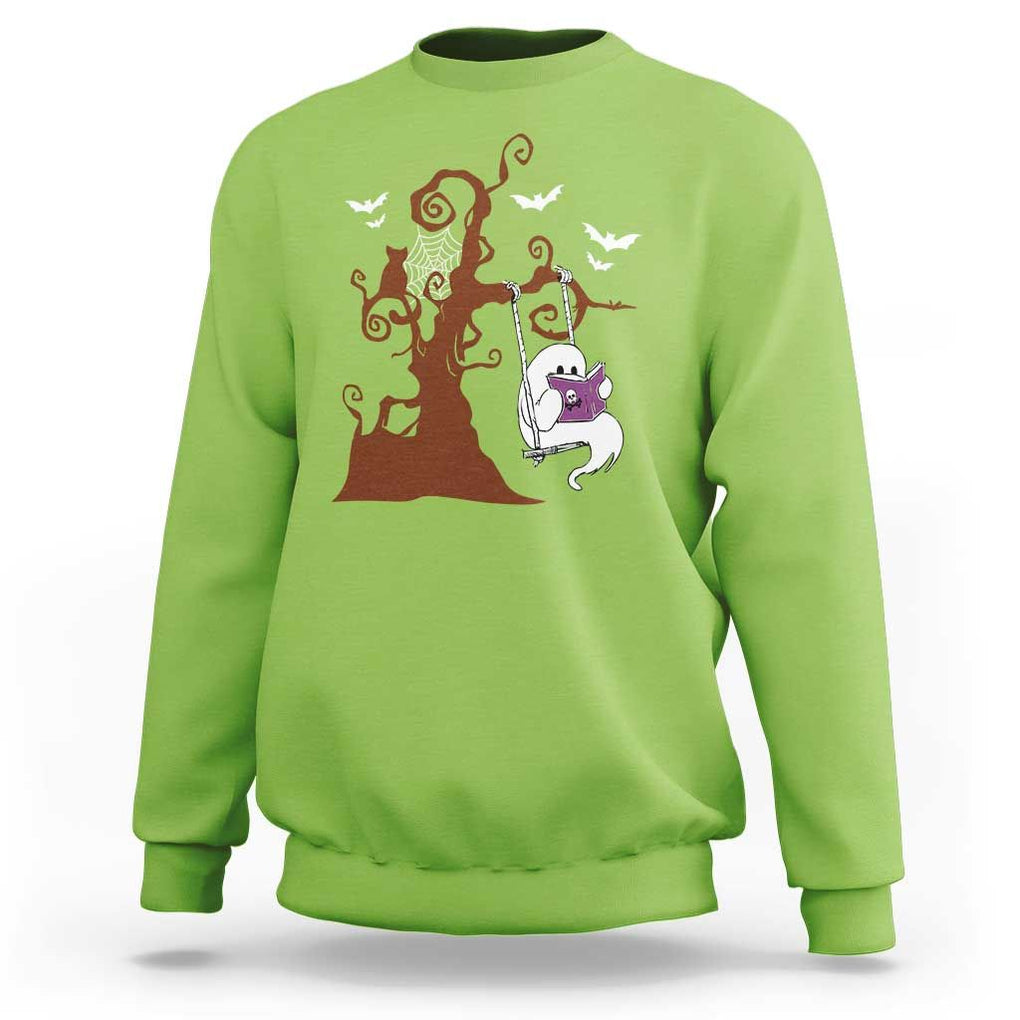 Halloween Bookaholic Sweatshirt Cute Ghost Swing Reading Book TS09 Lime Print Your Wear