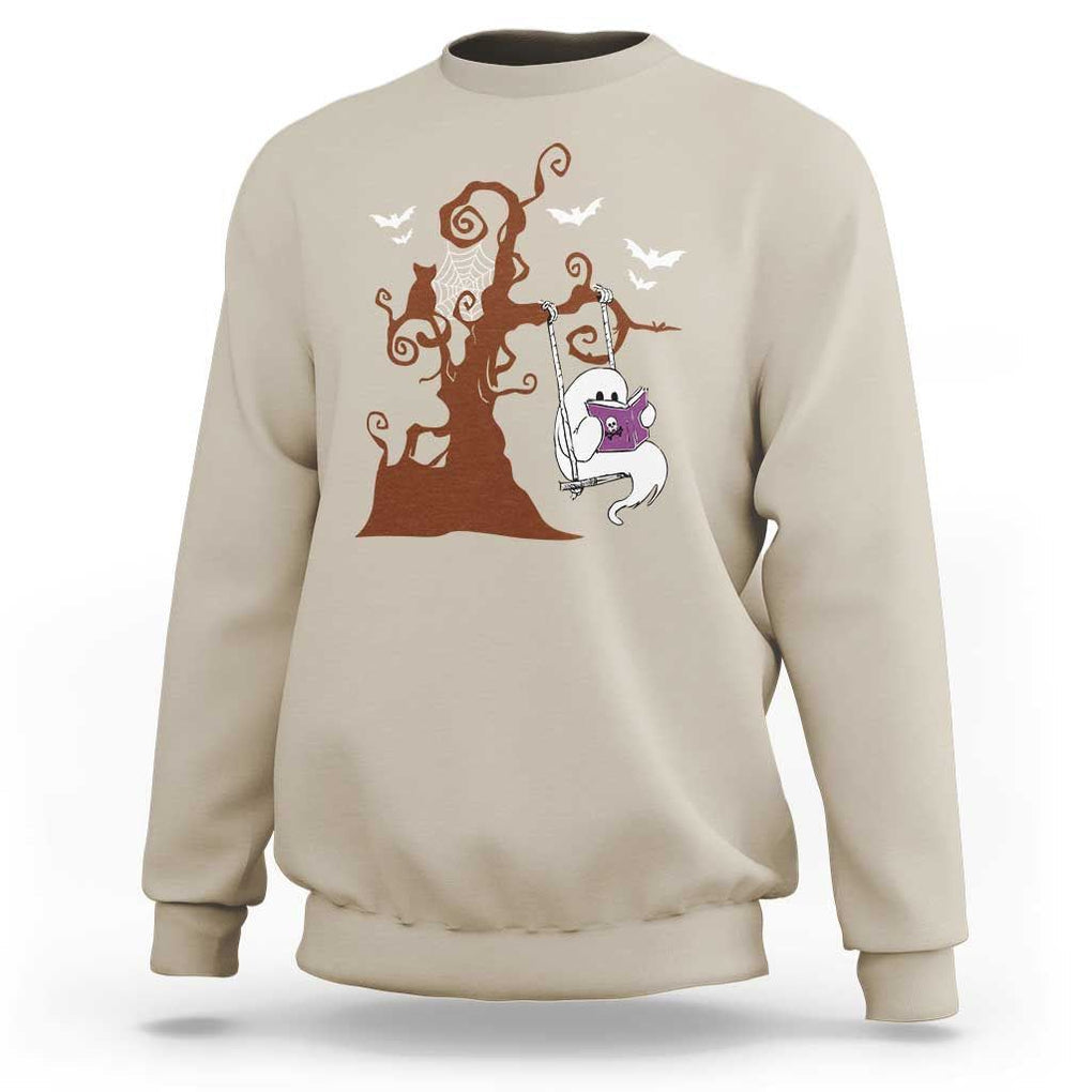 Halloween Bookaholic Sweatshirt Cute Ghost Swing Reading Book TS09 Sand Print Your Wear