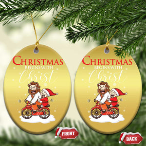 Christmas Begins With Christ Christmas Ornament Jesus Santa Riding Bicycle TS09 Oval Gold Print Your Wear