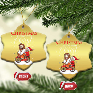 Christmas Begins With Christ Christmas Ornament Jesus Santa Riding Bicycle TS09 Snow Flake Gold Print Your Wear