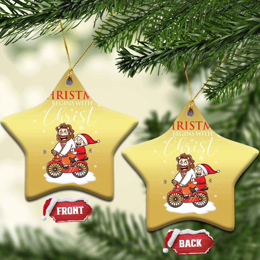 Christmas Begins With Christ Christmas Ornament Jesus Santa Riding Bicycle TS09 Star Gold Print Your Wear
