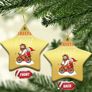 Christmas Begins With Christ Christmas Ornament Jesus Santa Riding Bicycle TS09 Star Gold Print Your Wear